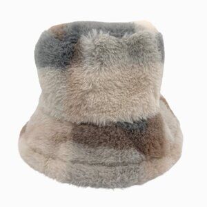 Faux Fur Patchwork Bucket Hat Neutral Taupe Gray Ivory Cozy OS Modern Boho Warm